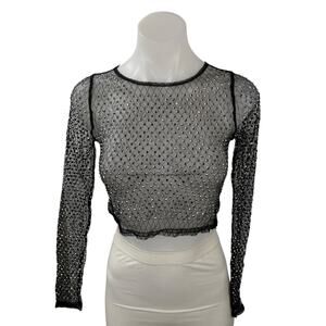 Top Chic Black Rhinestone Mesh Sheer Sparkly Long Sleeve Blouse Crop Top Size S